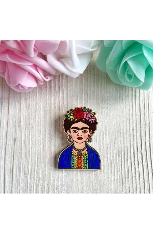 Spilla Frida Kahlo artigianale – ritratto in legno dipinto a mano