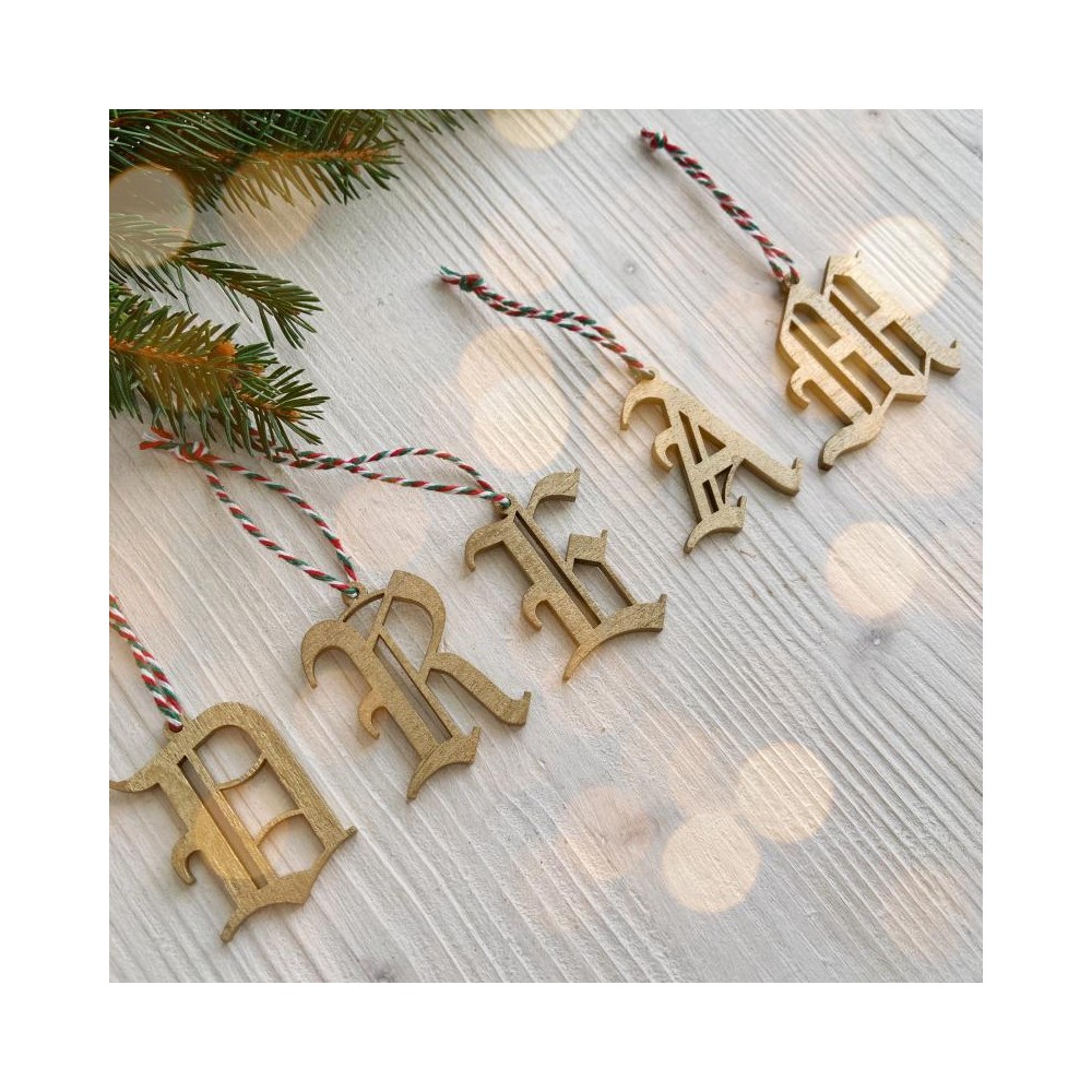 Lettera dorata in legno stile vintage inglese con nastro bianco rosso e verde | decorazione natalizia handmade Spelling Vintage 