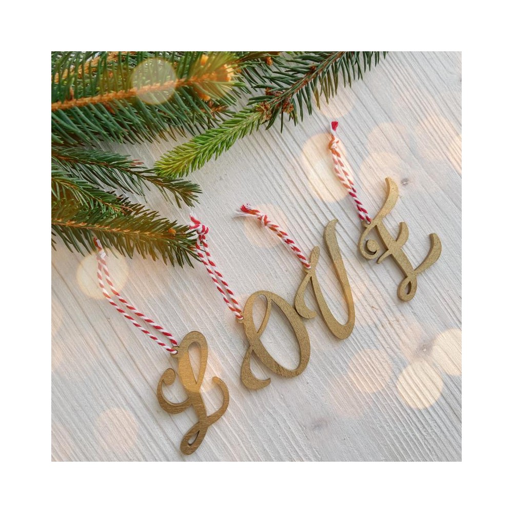 Lettera dorata in legno stile Romantic Italic con nastro bianco e rosso | decorazione natalizia personalizzata Spelling Romantic